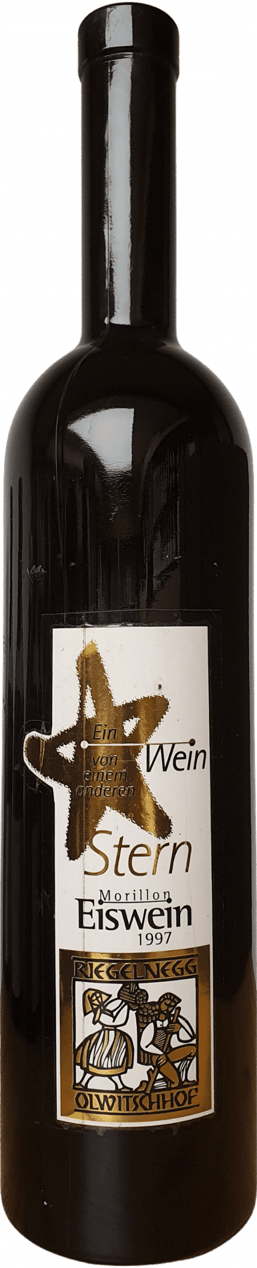 Eine Magnumflasche aus dunklem Glas von Riegelnegg | 1997 Morillon Eiswein (1,5l), mit einem Etikett mit einem goldenen Stern und deutschem Text, darunter "Stern Wein" und "Ein ganz großer Wein".