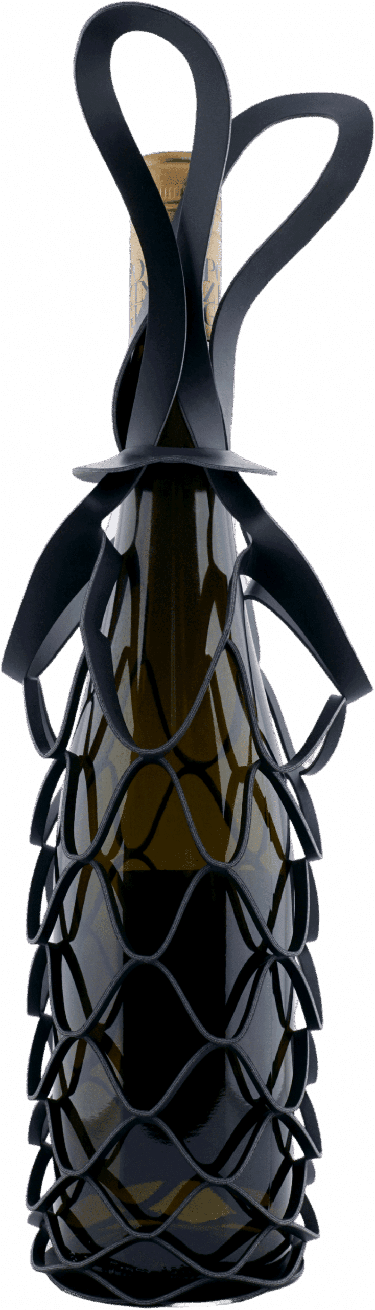 Die Vinstrip Flaschentasche GOLD 0,75L von YUMA-Design ist ein dekorativer Weinhalter aus Metall in Form einer schwarzen Ananas mit ausgeschnittenen Mustern und stilisierten Blättern an der Oberseite.