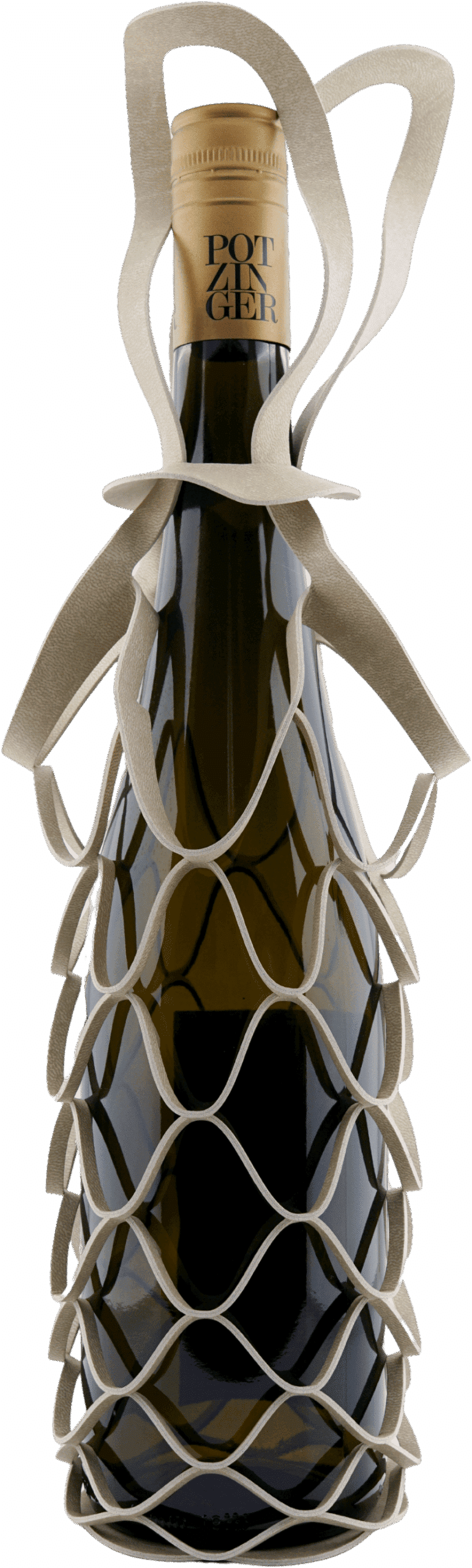 Die Vinstrip Flaschentasche GOLD 0,75L von YUMA-Design zeigt eine Weinflasche mit hellbraunem Etikett in einem beigen, gitterartigen Halter mit Griffen, aufrecht stehend auf weißem Hintergrund.