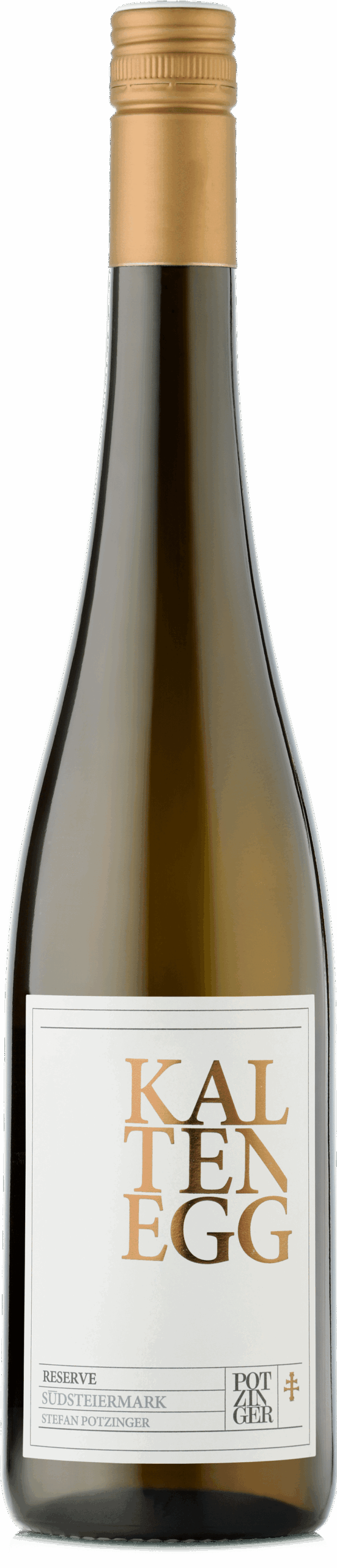 Eine durchsichtige Weinflasche mit goldenem Verschluss und weißem Etikett mit der Aufschrift 2020 Reserve Ried Kaltenegg Südsteiermark DAC" in großen goldenen Buchstaben, darunter in kleinerer Schrift der Hinweis STEFAN POTZINGER.