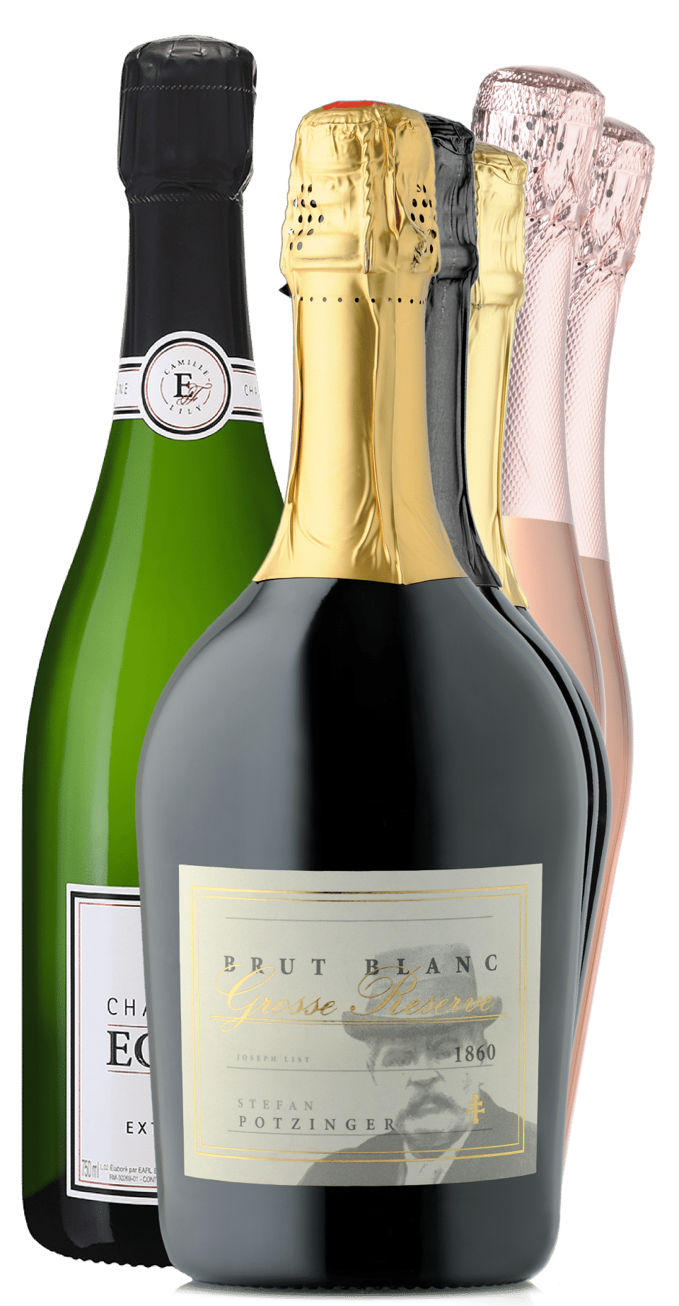 Sechs Flaschen Sekt aus dem Sektvergnügen Paket | 6 Fl. | GRATIS VERSAND* stehen nebeneinander, jede mit grüner, schwarzer, goldener oder rosafarbener Folie beklebt. Die vordere Flasche ist mit einem goldenen Etikett versehen, die anderen zeigen unterschiedliche Etiketten und Farben.