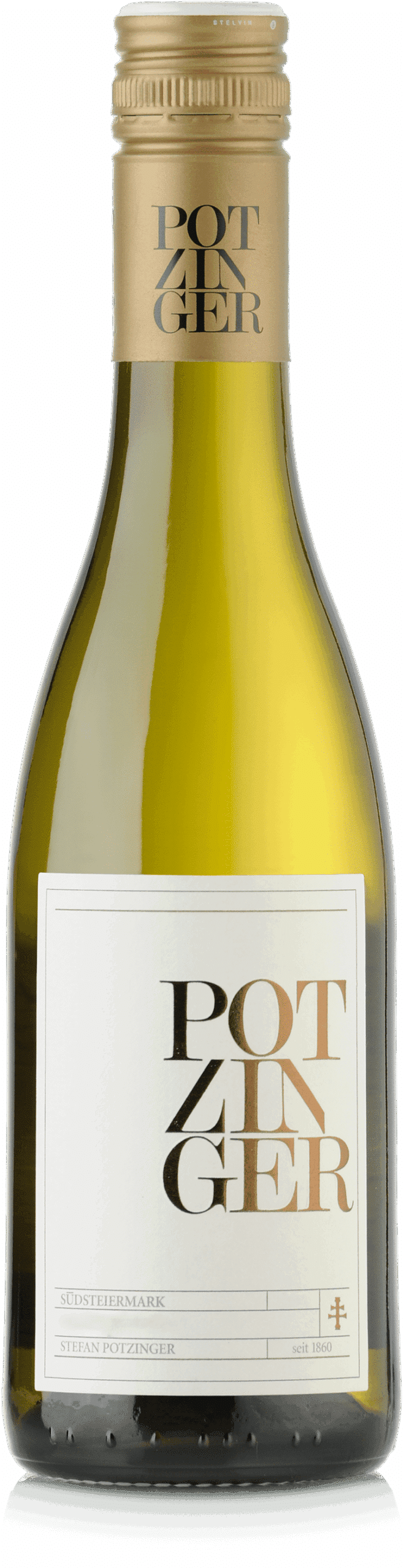 Eine Klarglas-Weinflasche mit goldenem Schraubverschluss und weißem Etikett mit der Aufschrift "POTZINGER" in fetten Buchstaben. Das minimalistische, moderne Design enthält den Weißwein 2012 Ried Sulz Sauvignon Blanc "Joseph" (0,375l).