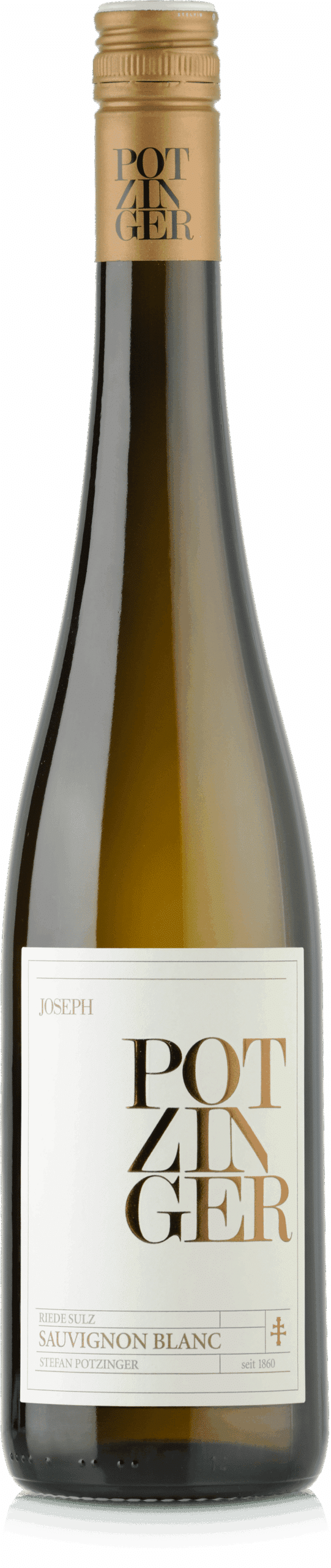 Eine Klarglasflasche des 2021 Sauvignon Blanc "Joseph" Ried Sulz Südsteiermark DAC mit goldenem Verschluss, minimalistischem weißem Etikett und goldenem Text mit "Potzinger", "Sauvignon Blanc" und "Joseph" oben.