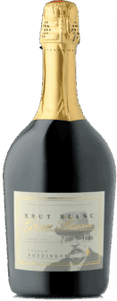 Eine Flasche Sekt Brut BLANC Grosse Reserve Steiermark g.U. mit Goldfolie am Hals, einem Etikett mit einem illustrierten Gesicht und dem Text "Brut Blanc, Grosse Reserve, Stefan Potzinger, 1860.