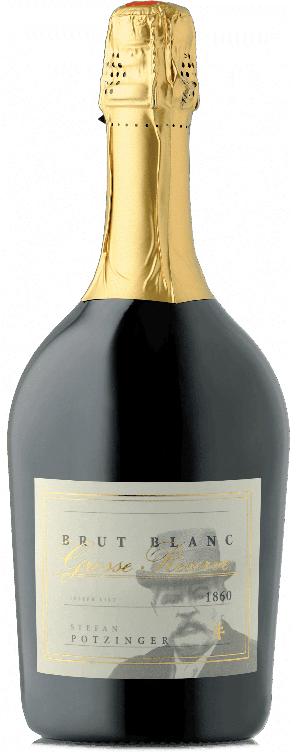 Eine Flasche Sekt Brut BLANC Grosse Reserve Steiermark g.U. mit Goldfolie am Hals, einem Etikett mit einem illustrierten Gesicht und dem Text "Brut Blanc, Grosse Reserve, Stefan Potzinger, 1860.