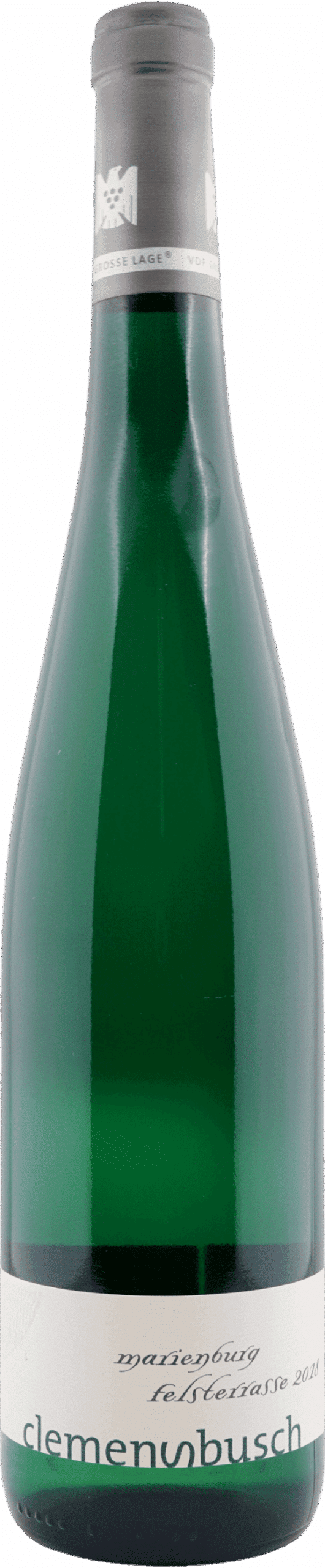 Eine grüne Weinflasche mit einem grauen Verschluss und einem Etikett mit der Aufschrift "Clemens Busch | 2018 Riesling Marienburg GL Felsterrasse".