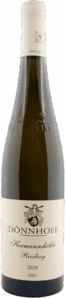 Eine Flasche 2020 Weingut Donnhoff Niederhauser Hermannshöhle Riesling Großes Gewächs Nahe, Deutschland, mit cremefarbenem Etikett und Verschluss, illustriertem Design und eleganter schwarzer Schrift.