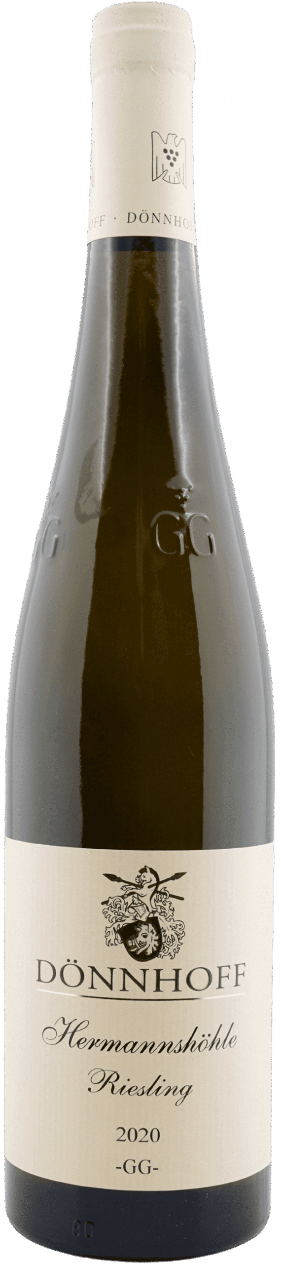Eine Flasche 2020 Weingut Donnhoff Niederhauser Hermannshöhle Riesling Großes Gewächs Nahe, Deutschland, mit cremefarbenem Etikett und Verschluss, illustriertem Design und eleganter schwarzer Schrift.