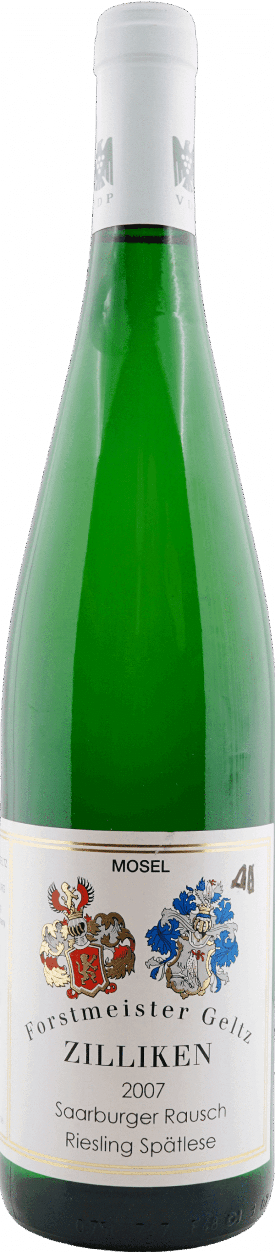Eine grüne Weinflasche mit weißem Etikett trägt die Aufschrift "Forstmeister Zilliken | 2007 Riesling Rausch Spätlese" und zeigt zwei bunte Wappen.