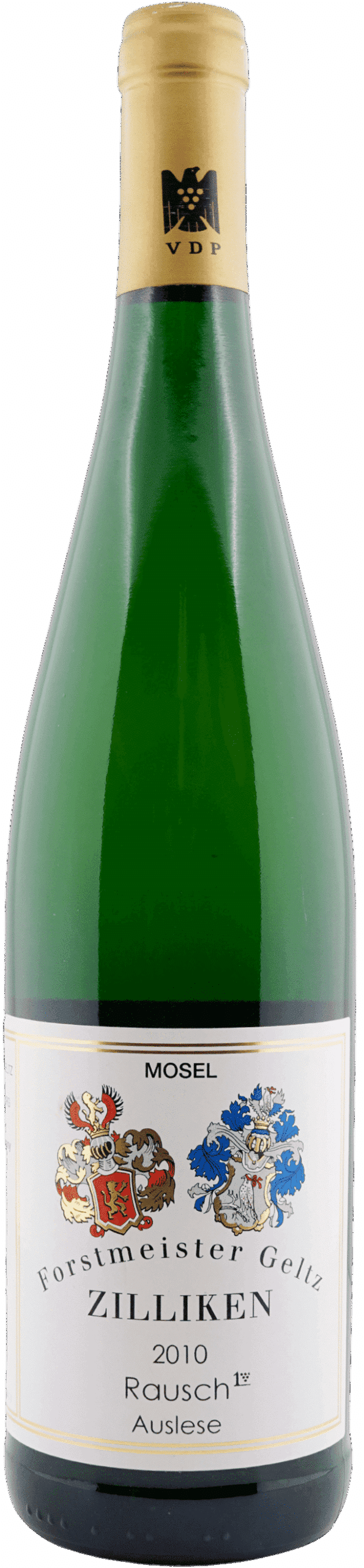 Eine Weinflasche aus grünem Glas mit beigem Verschluss und weißem Etikett mit der Aufschrift "2010 Forstmeister Geltz-Zilliken Riesling Rausch Auslese Goldkapsel", verziert mit zwei bunten Wappen.