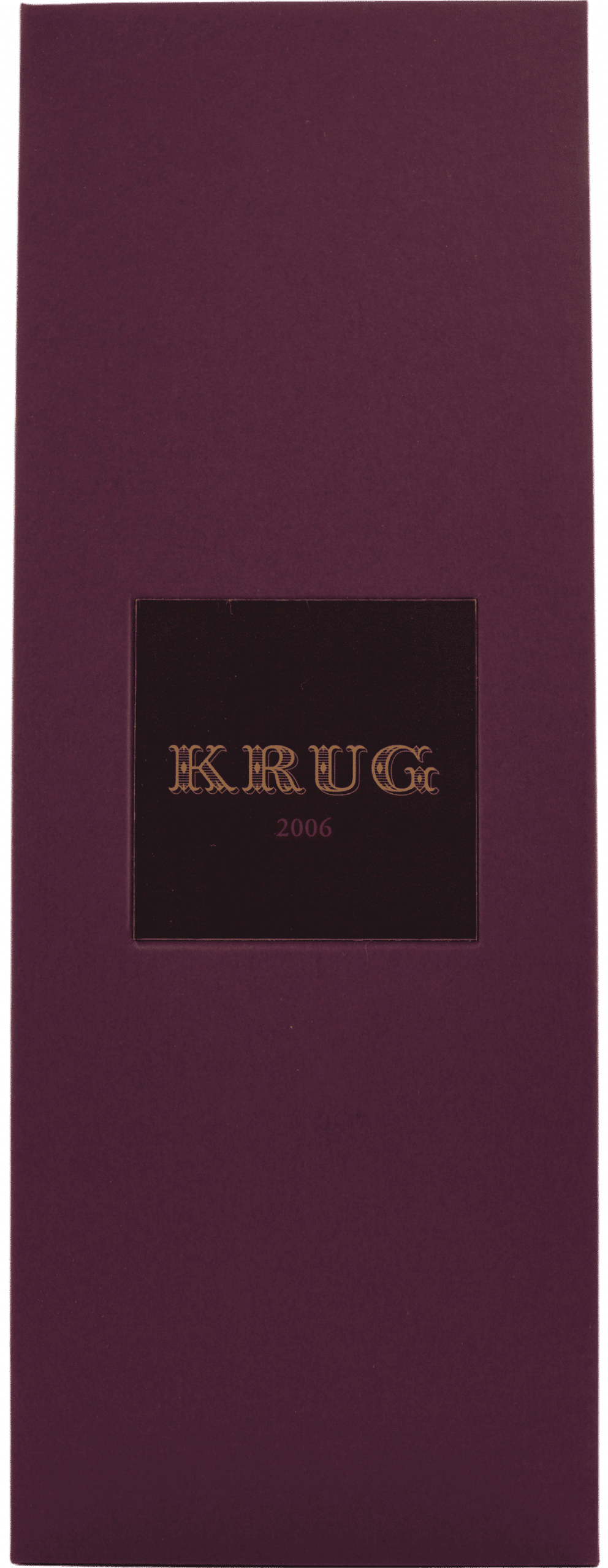 Eine rechteckige, burgunderfarbene Schachtel mit einem schwarzen Etikett in der Mitte, auf dem in Gold der Schriftzug KRUG" und 2006" zu lesen ist, präsentiert den 2006 Krug Vintage Brut Coffret Edition Champagne aus Frankreich.