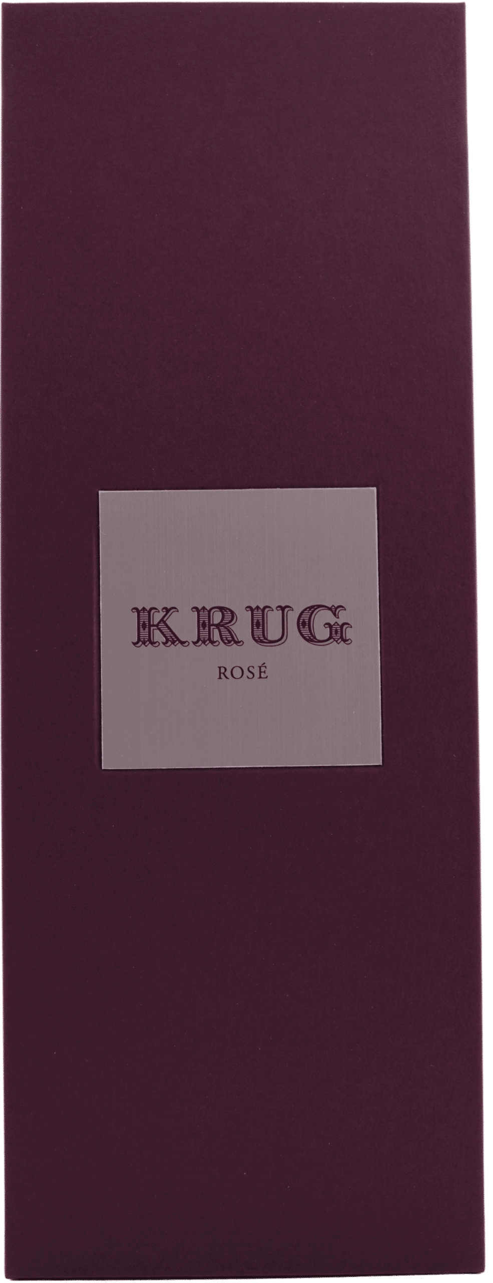 Eine rechteckige, dunkel burgunderfarbene Schachtel mit einem silbernen Etikett in der Mitte zeigt in eleganten Großbuchstaben "Krug Brut Rose, Champagne, Frankreich 25ème Coffret Edition".