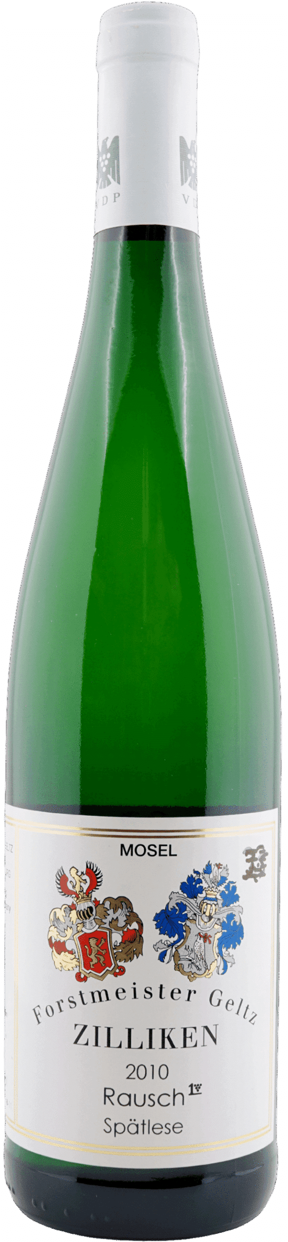 Eine Weinflasche aus grünem Glas mit der Aufschrift "Forstmeister Geltz Zilliken | 2010 Riesling Rausch Spätlese", mit dekorativen roten und blauen Wappen und goldenem Text auf weißem Hintergrund.
