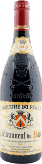 Eine Flasche Domaine du Pégau | 2018 Châteauneuf du Pape Cuvée Réservée, mit einem detaillierten Etikett mit Wappen und französischem Text, gekrönt von einer dunkelroten Folienkapsel.