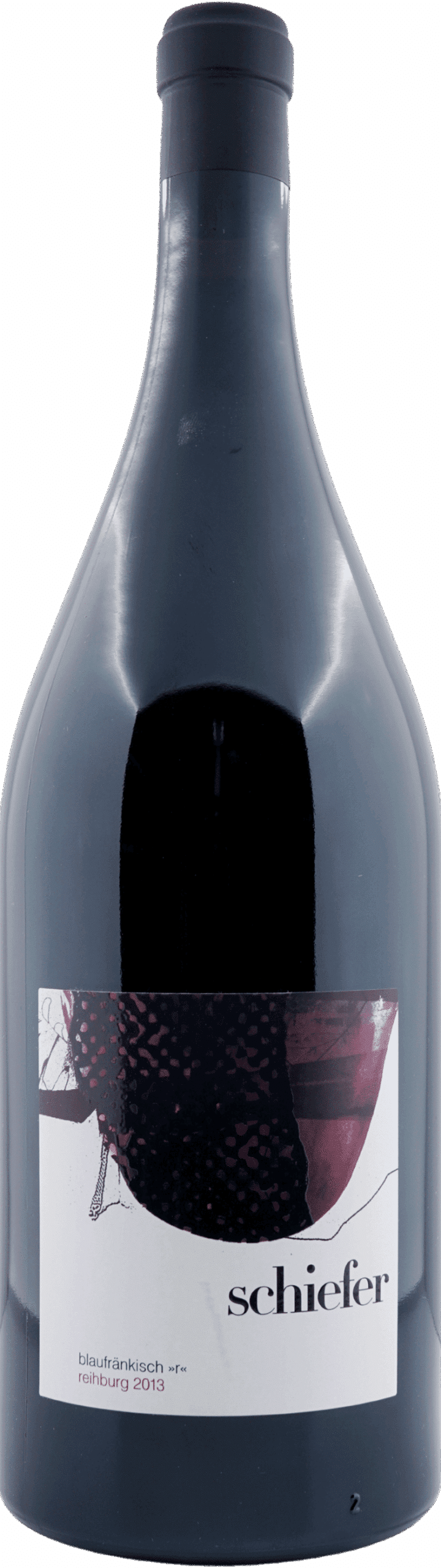 Eine große Magnumflasche aus dunklem Glas mit einem minimalistischen Etikett mit der Aufschrift "Uwe Schiefer | Reihburg 2013 (1,5L Magnum)", das abstrakte Kunst zeigt und den Hinweis "blaufränkisch" enthält.