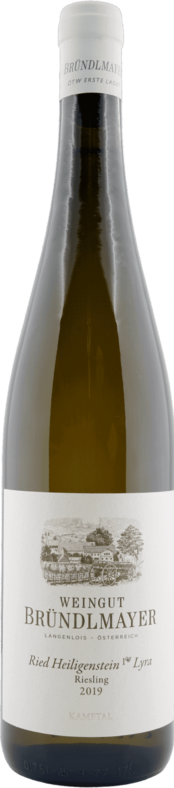 Eine Flasche Bründlmayer | 2019 Riesling Zöbinger Heiligenstein Lyra KAMPTAL DAC, ERSTE LAGE ÖTW mit weißem Etikett mit Landschaftsillustration, goldfarbenem Text und einer weißen Kapsel über dem Korken.