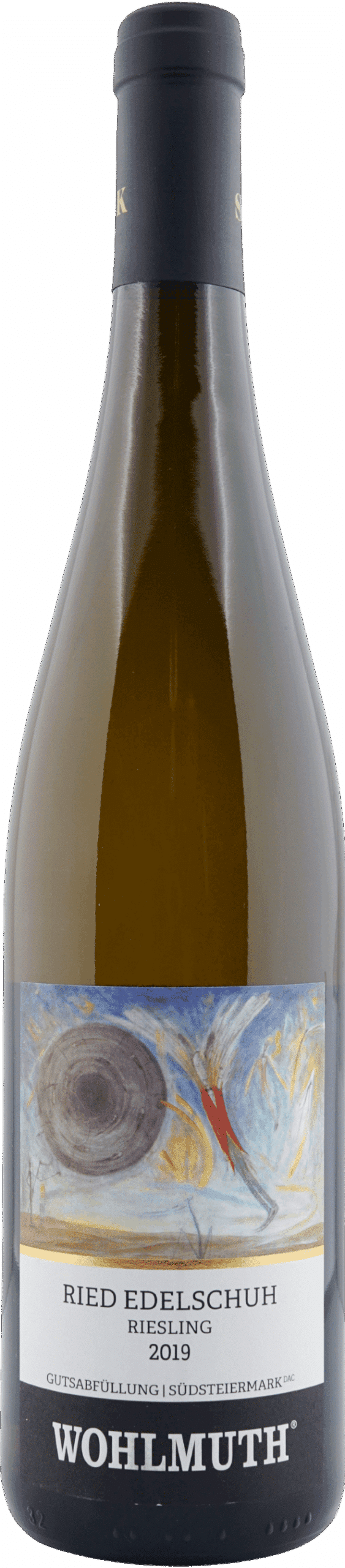 Eine Flasche Wohlmuth | 2019 Riesling Ried Edelschuh, mit abstrakter Kunst auf dem Etikett, die eine rote Figur unter einem großen grauen Wirbel und goldenem und schwarzem Text zeigt.