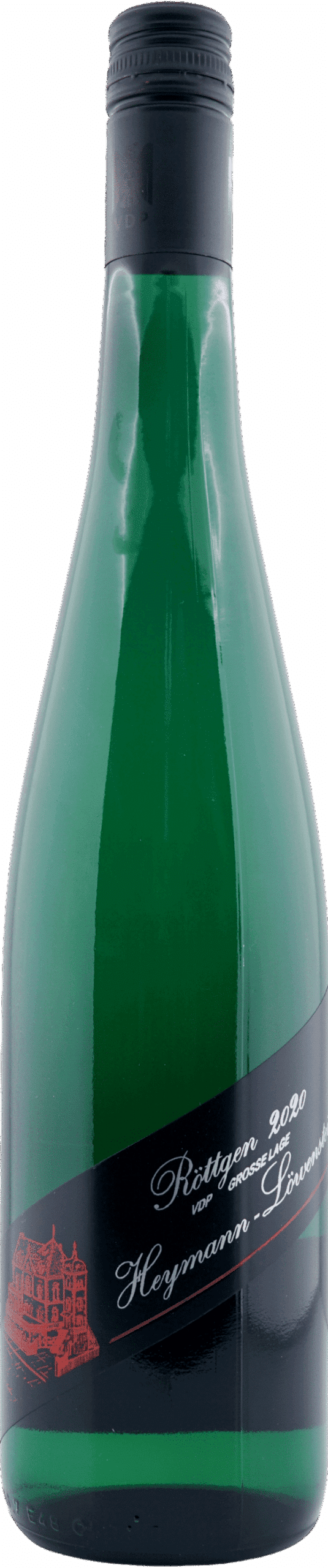 Die grüne Flasche mit dunkler Folienumhüllung an Hals und Verschluss trägt ein schwarzes Etikett mit roter und weißer Schrift, auf dem Heymann Löwenstein | 2020 Riesling Röttgen" steht und das eine Bauzeichnung zeigt.