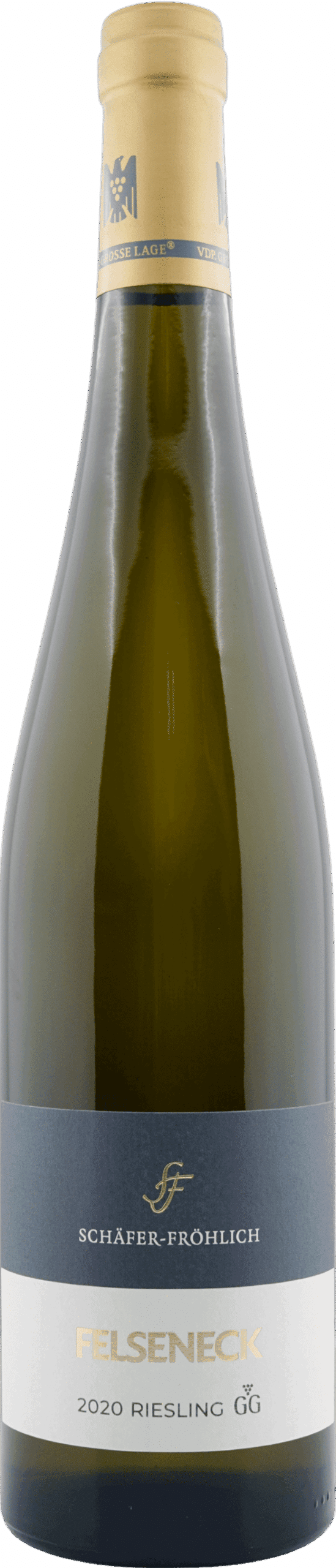Eine Flasche 2020 Schäfer-Fröhlich Bockenauer Felseneck Riesling Grosses Gewächs Nahe, Deutschland, im dunkelgrünen Glas mit blau-goldenem Etikett und Goldfolie im oberen Bereich, mit Angaben zum Weingut und zum Jahrgang.
