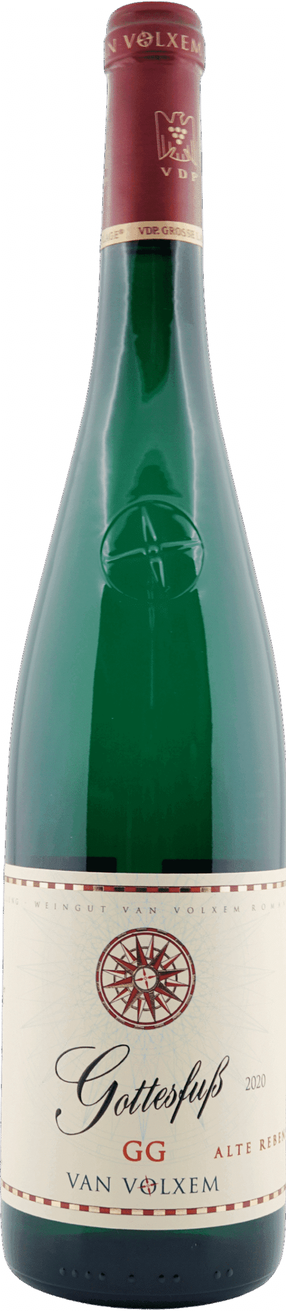 Eine grüne Weinflasche mit kastanienbraunem Foliendach und cremefarbenem Etikett trägt die Aufschrift "Van Volxem | 2020 Riesling Gottesfuss Alte Reben Großes Gewächs" mit einem Windrosenmotiv und Goldakzenten.
