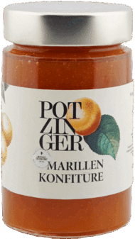 Ein Glasgefäß mit silbernem Deckel enthält Marillen Konfitüre (250g). Das Etikett zeigt eine Aprikose mit einem grünen Blatt.