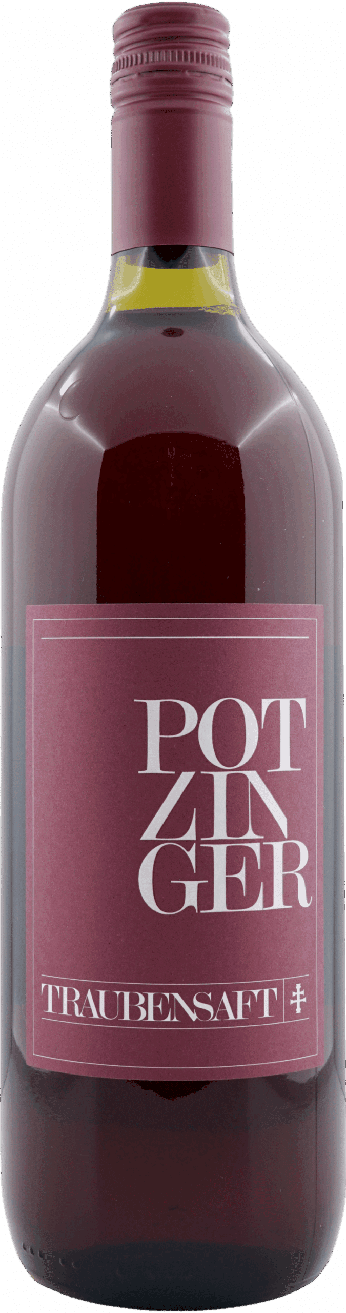 Eine 1-Liter-Flasche Steirischer Roter Traubensaft, gefüllt mit dunkelviolettem Saft, mit malvenfarbenem Etikett mit fettgedruckter weißer Schrift und einem passenden malvenfarbenen Verschluss.