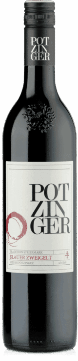 Eine Flasche 2019 Blauer Zweigelt Tradition Rotwein mit schwarzem Schraubverschluss und weißem Etikett mit schwarzem und rotem Text und rotem Kreis.