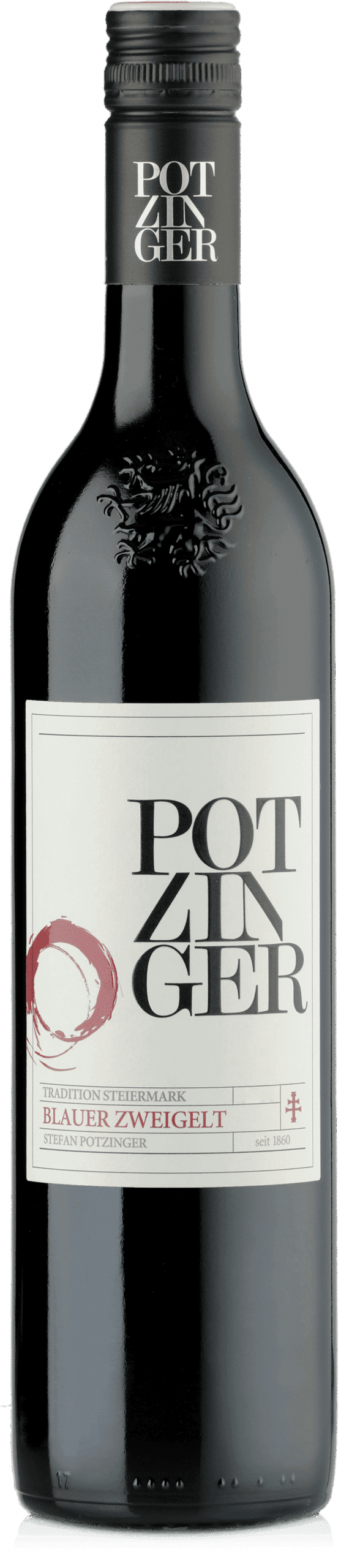 Eine Flasche 2019 Blauer Zweigelt Tradition Rotwein mit schwarzem Schraubverschluss und weißem Etikett mit schwarzem und rotem Text und rotem Kreis.