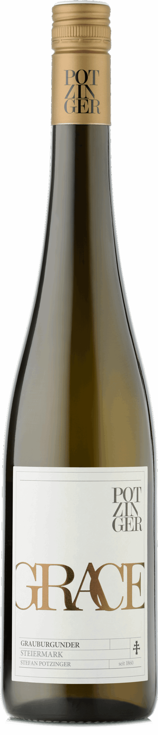 Eine hohe, durchsichtige Weinflasche mit einem goldenen Verschluss und einem weißen Etikett mit der Aufschrift "2021 Grauburgunder GRACE Steiermark", die Weißwein enthält.