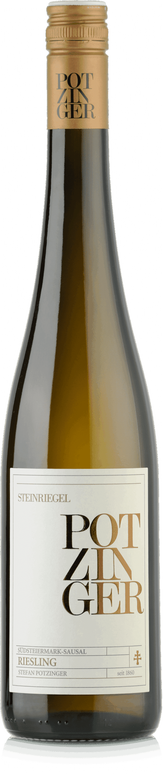 Eine Flasche 2021 Riesling Ried Steinriegel Südsteiermark DAC mit einem modernen, minimalistischen beige-goldenen Etikett mit dem Namen des Weinguts, einer klaren Flasche und einem Goldfolienverschluss.