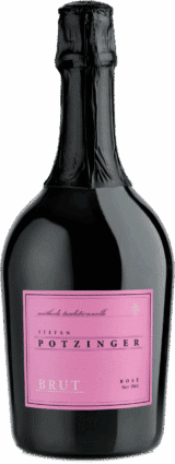 Eine dunkle Weinflasche mit einem Folienverschluss und einem rosafarbenen Etikett mit der Aufschrift "Sekt Brut ROSÉ Methode Traditionnelle 'Hommage 1860'.