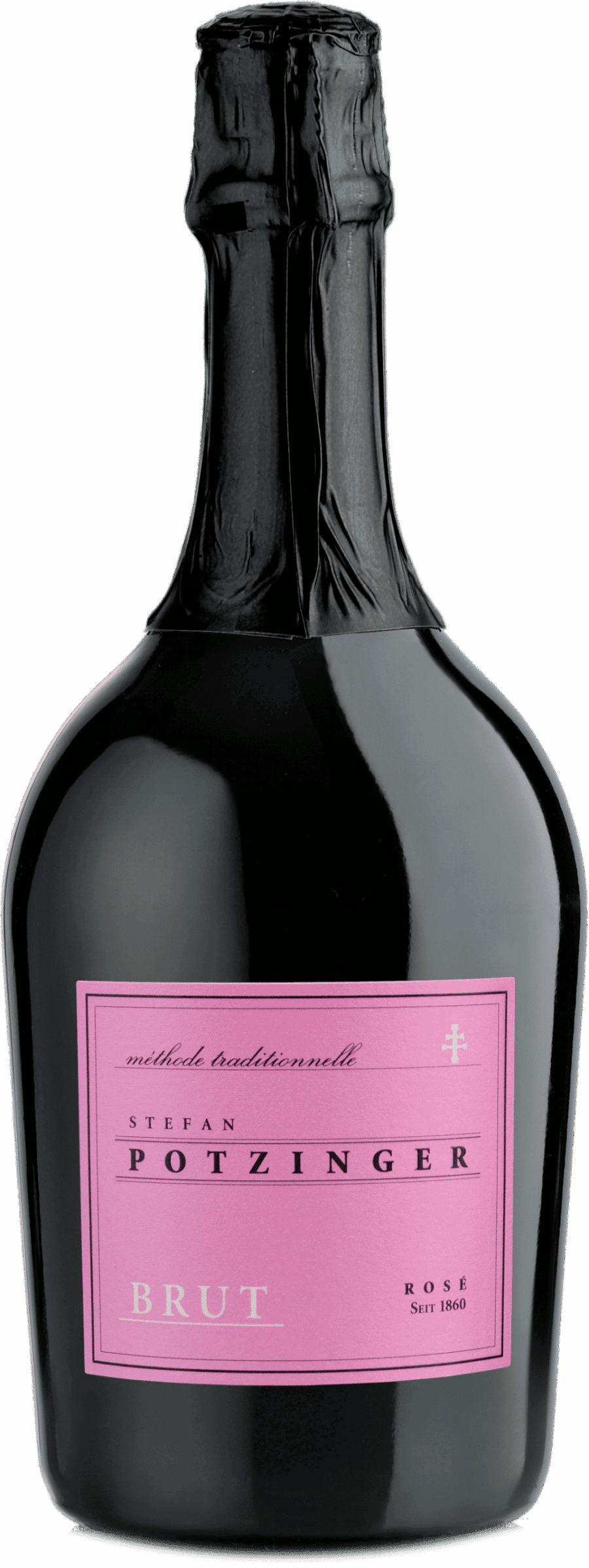 Eine dunkle Weinflasche mit einem Folienverschluss und einem rosafarbenen Etikett mit der Aufschrift "Sekt Brut ROSÉ Methode Traditionnelle 'Hommage 1860'.