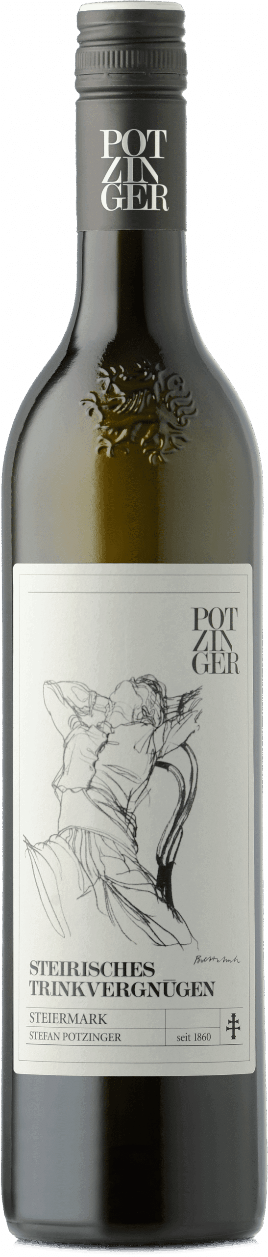 Eine grüne Flasche 2021 Steirisches Trinkvergnügen Steiermark mit minimalistischer schwarzer Strichgrafik einer Figur und einem Text, der auf den steirischen Ursprung und die Gründung 1860 verweist.