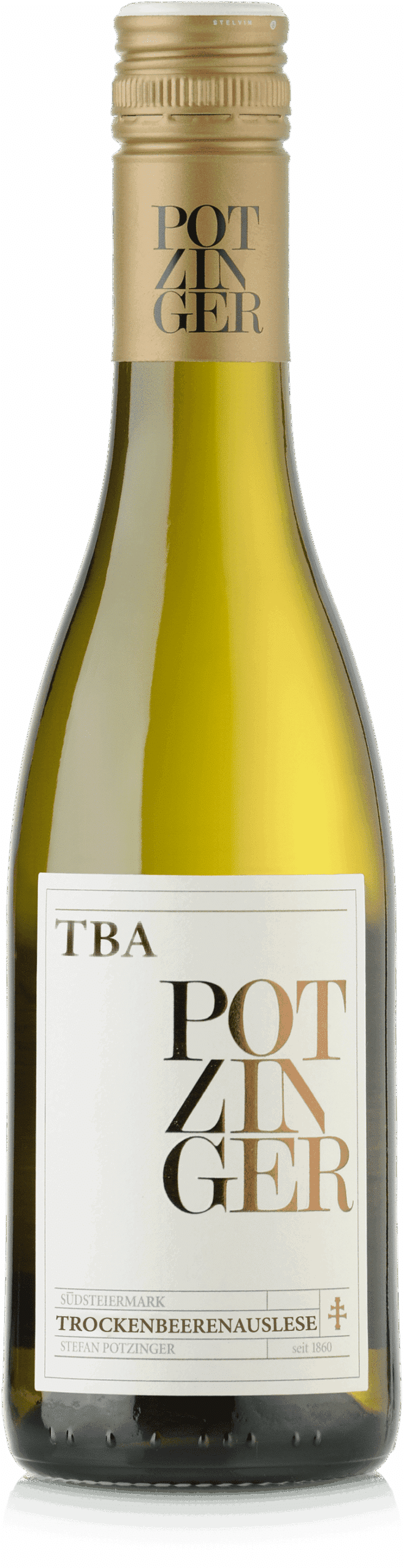 Eine 0,375l Flasche 2017 Trockenbeeren Auslese TBA Sauvignon Blanc Ried Czamillonberg mit goldenem Verschluss und weißem Etikett mit schwarz-goldener Schrift.