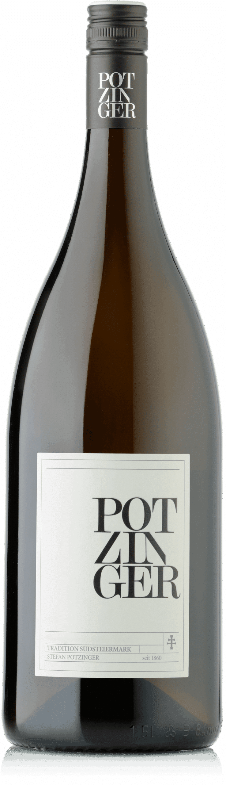 Eine große dunkelbraune 1,5-Liter-Magnumflasche mit der Aufschrift "2021 Weissburgunder Tradition Südsteiermark DAC" und einem fetten schwarzen Text auf einem weißen, minimalistischen Etikett.