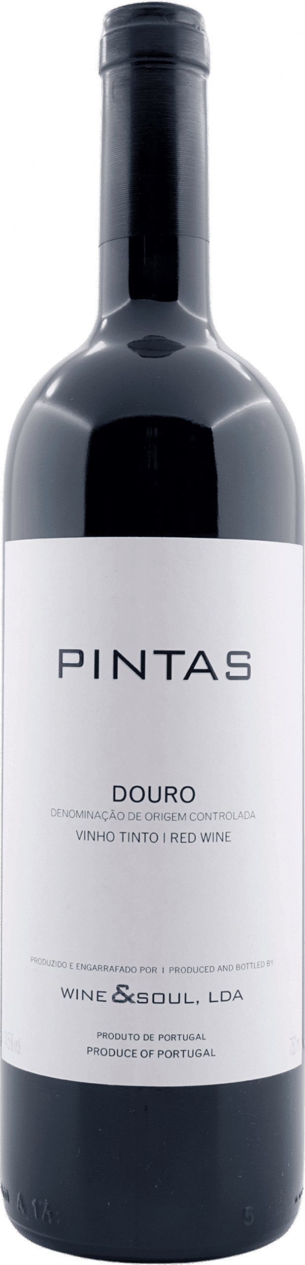 Eine Flasche Pintas | Wine & Soul 2019 Douro Tinto Rotwein aus Portugal mit weißem Etikett, auf dem der Markenname und die Produktangaben in schwarzer Schrift stehen.