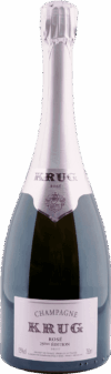 Eine Flasche Krug Brut Rose, Champagne, Frankreich 25ème mit silbernem Foliendach, klarem Glas, das den hellen Wein zeigt, und einem weißen Etikett mit dem Markennamen und Details.