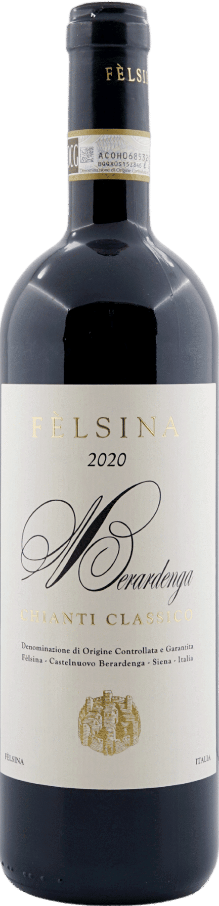 Eine Flasche Felsina | Castelnuovo Berardenga Chianti Classico 2020 Rotwein mit einem goldenen und weißen Etikett, das seine Herkunft in Castelnuovo Berardenga, Siena, Italien hervorhebt.