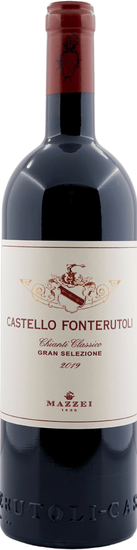 Eine Flasche Mazzei | Castello Fonterutoli Chianti Classico Gran Selezione 2019 mit rotem Wachssiegel und einem verzierten Etikett mit goldenen Akzenten und einem Wappen.