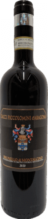 Eine Flasche Wein Ciacci Piccolomini d'Aragona | Brunello di Montalcino 2020 mit schwarzem Etikett und Familienwappen.