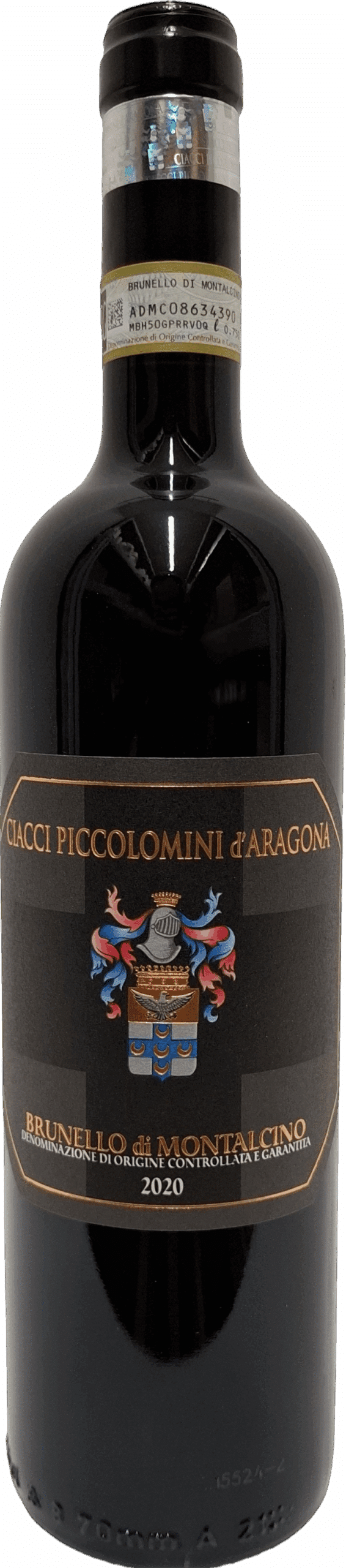 Eine Flasche Wein Ciacci Piccolomini d'Aragona | Brunello di Montalcino 2020 mit schwarzem Etikett und Familienwappen.