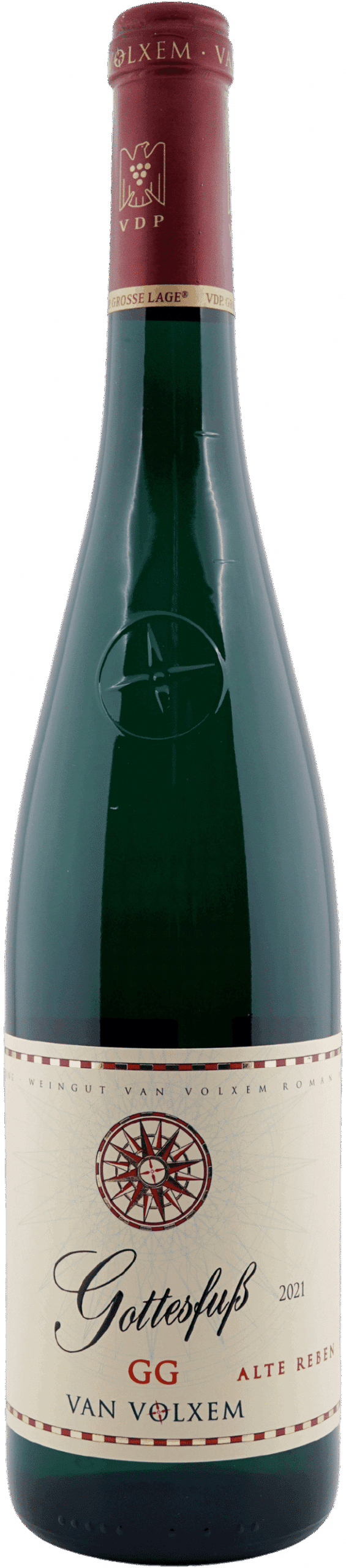 Eine grüne Weinflasche mit kastanienbrauner Kappe, beschriftet mit "Van Volxem | 2021 Riesling Gottesfuß GG Alte Reben". Das beigefarbene Etikett ist mit roter und schwarzer Schrift und einem kreisförmigen Emblem am oberen Rand versehen.