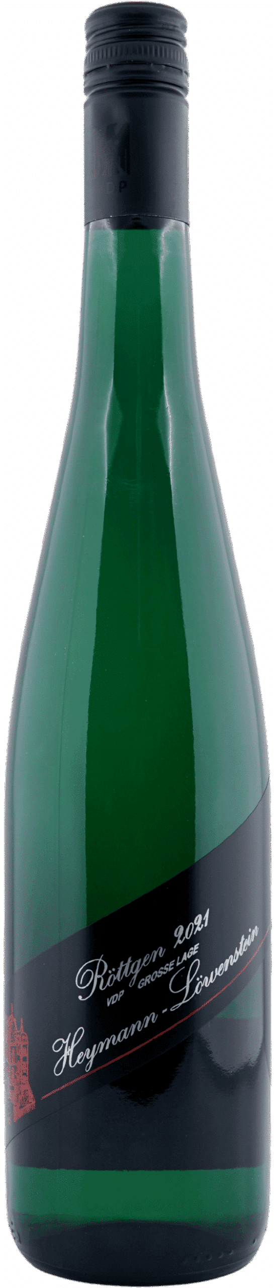 Grüne Weinflasche mit schwarzem Schraubverschluss und schwarzem, diagonalem Etikett mit der Aufschrift "Heymann Löwenstein | 2021 Riesling Röttgen" in weißer Schreibschrift und einem kleinen roten Emblem unten links.
