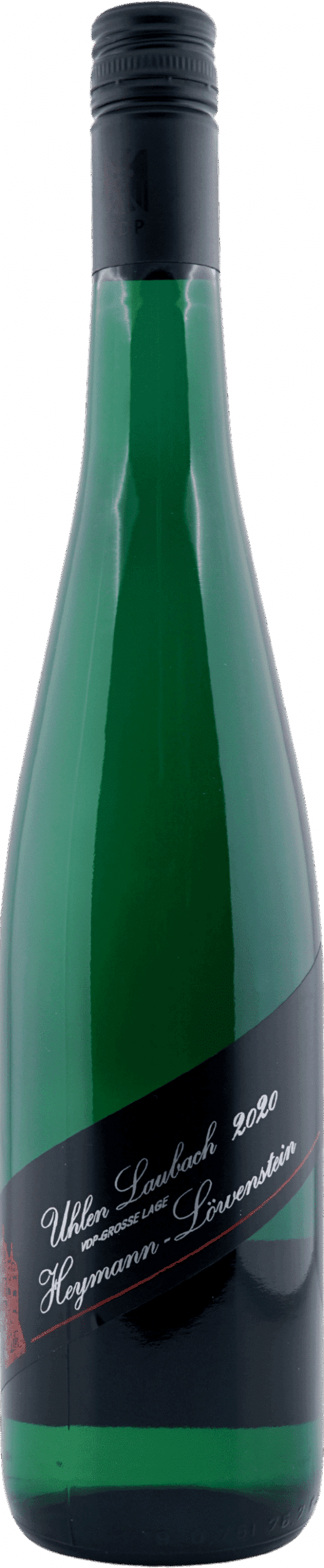Auf einer grünen Weinflasche mit dunklem Schraubverschluss und schwarzem Etikett steht in weißer Schrift "2020 Heymann Löwenstein Riesling Uhlen Laubach VDP Große Lage", akzentuiert von einem kleinen roten Wappen auf der linken Seite.