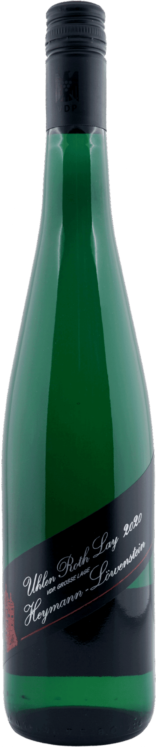Grüne Weinflasche mit schwarzer Kappe und schrägem schwarzem Etikett mit der Aufschrift "2020 Heymann Löwenstein Riesling Uhlen Roth Lay VDP Grosse Lage" in weißer und roter Schrift.