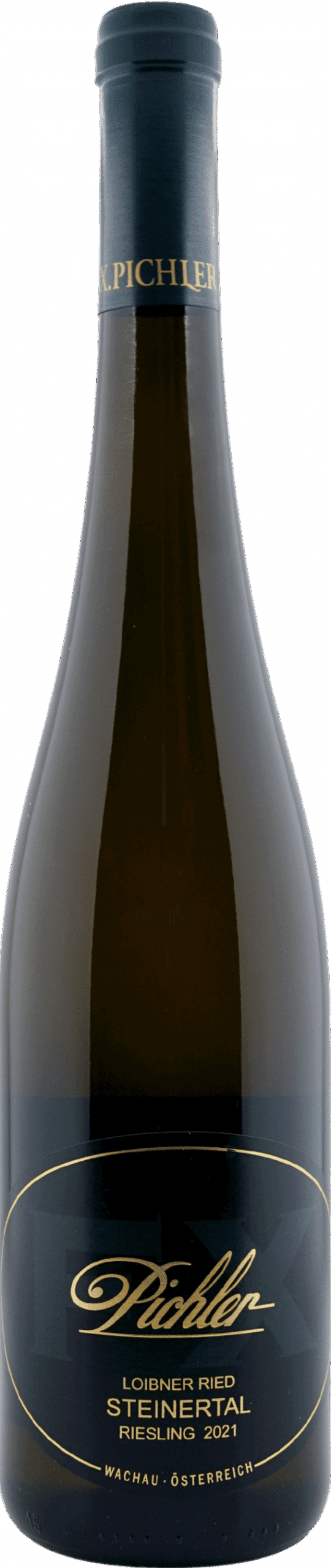 Eine dunkelgrüne Flasche mit einem schwarz-goldenen Etikett mit der Aufschrift "F.X. Pichler | 2021 Riesling Ried Steinertal Smaragd". Sie hat einen dunklen Schraubverschluss und ein elegantes, minimalistisches Design.