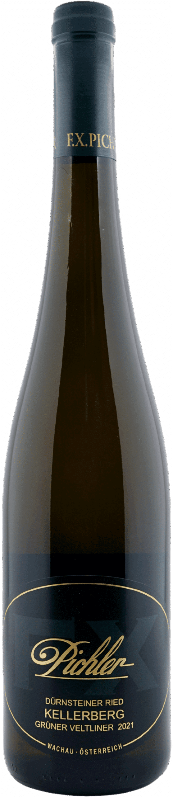 Eine dunkelgrüne Weinflasche mit der Aufschrift "F.X. Pichler | 2021 Grüner Veltliner Ried Kellerberg Smaragd" mit goldener und weißer Schrift auf schwarzem Hintergrund.