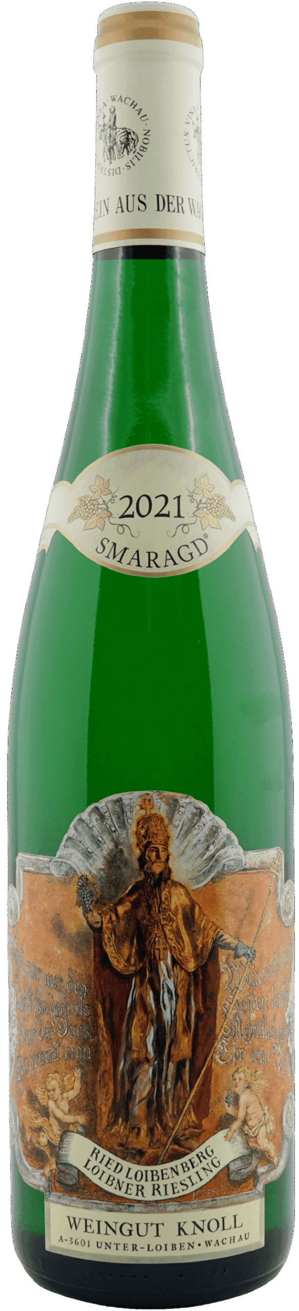 Eine grüne Flasche Knoll | 2021 Riesling Ried Loibenberg Smaragd hat ein verziertes Etikett mit einer Heiligenillustration, goldenen Akzenten, einem detaillierten Kunstwerk und deutschem Text.