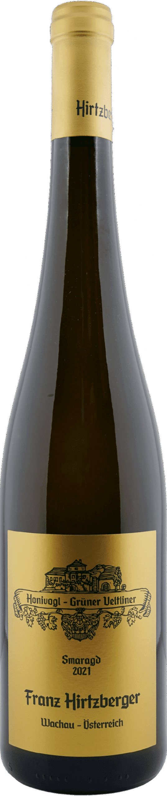 Eine Flasche Hirtzberger | 2021 Grüner Veltliner Honivogel Smaragd mit goldenem Etikett, schwarzer Schrift und einer Landschaftsillustration, aus der Wachau, Österreich.