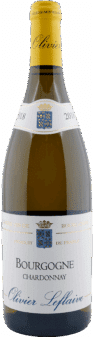 Eine Flasche Olivier Leflaive | 2020 Bourgogne Chardonnay Wein mit einem cremefarbenen und blauen Etikett und einer goldenen Folienkapsel auf der Oberseite.